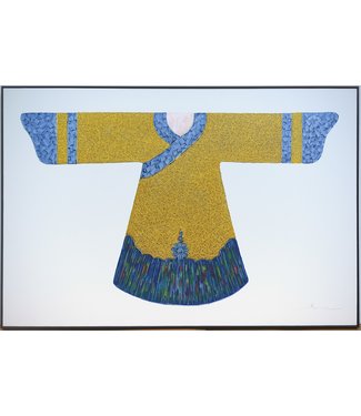 Fine Asianliving Pittura Ad Olio Dipinto a Mano 3D in Rilievo Cornice Nero 150x100cm Kimono Giallo Blu