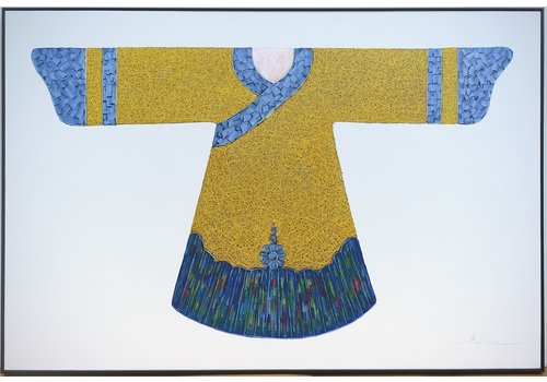 Fine Asianliving Pintura Al Óleo Cuadro Pintado a Mano 3D Efecto Relieve Marco Negro 150x100cm Kimono Amarillo Azul