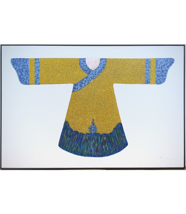 Pintura Al Óleo Cuadro Pintado a Mano 3D Efecto Relieve Marco Negro 150x100cm Kimono Amarillo Azul