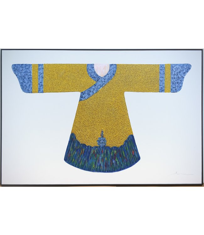 Pittura Ad Olio Dipinto a Mano 3D in Rilievo Cornice Nero 150x100cm Kimono Giallo Blu
