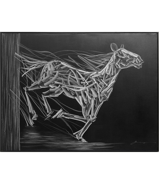 Peinture á l'Huile 100% Sculpté à La Main 3D Effect Relief Cadre Noir 120x90cm Cheval