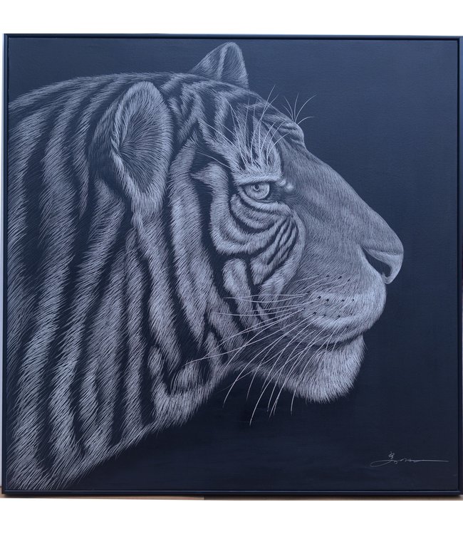 Olieverf Schilderij 100% Handgegraveerd 3D met Reliëf Effect en Zwarte Omlijsting 100x100cm Tijger