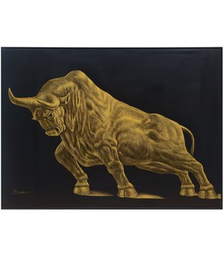 Fine Asianliving Olieverf Schilderij 100% Handgegraveerd 3D met Reliëf Effect en Zwarte Omlijsting 120x90cm Stier