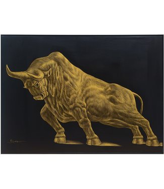 Fine Asianliving Pintura Al Óleo Cuadro Tallado a Mano 3D Efecto Relieve Marco Negro 120x90cm Toro