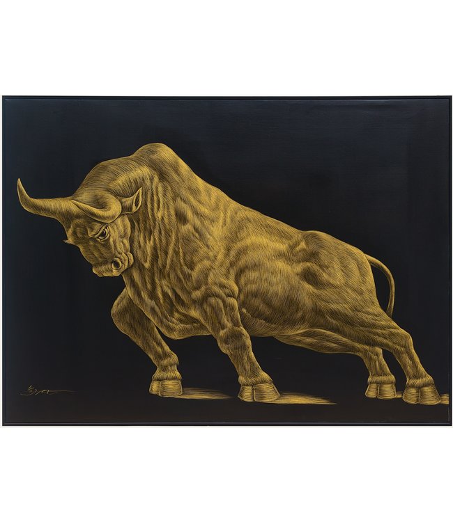 Ölgemälde 100%  Handgeschnitzt 3D Texture Rahmen Schwarz 120x90cm Stier