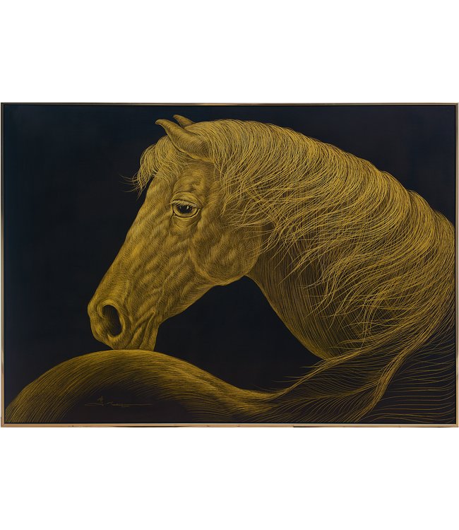 Peinture á l'Huile 100% Sculpté à La Main 3D Effect Relief Cadre Noir 120x90cm Cheval