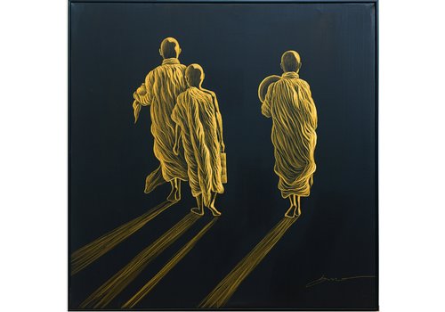 Fine Asianliving Oil Painting 100% Handcarved 3D Relief Effect Black Frame 100x100cm Monks