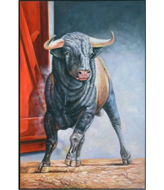 Pittura Ad Olio Dipinto a Mano 3D in Rilievo Cornice Nero 100x150cm Toro