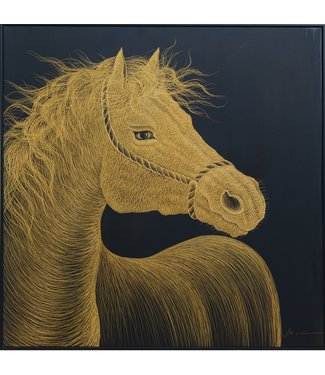 Fine Asianliving Pintura Al Óleo Cuadro Tallado a Mano 3D Efecto Relieve Marco Negro 100x100cm Caballo