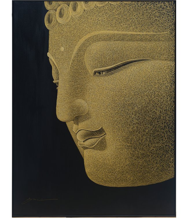 Peinture á l'Huile 100% Sculpté à La Main 3D Effect Relief Cadre Noir 90x100cm Bouddha