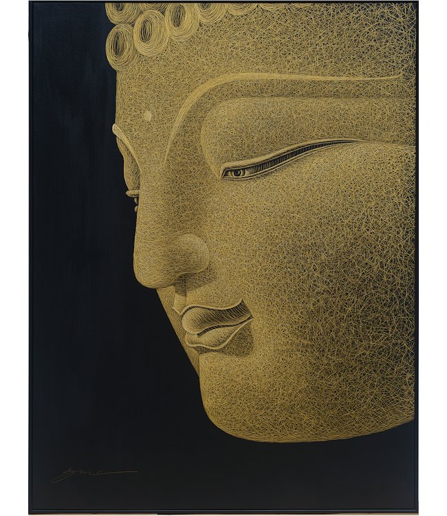 Pittura Ad Olio Intagliato a Mano 3D in Rilievo Cornice Nero 90x100cm Buddha