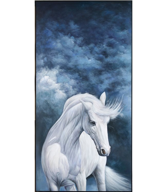 Peinture á l'Huile 100% Peint á La Main 3D Effect Relief Cadre Noir 100x200cm Cheval Blanc