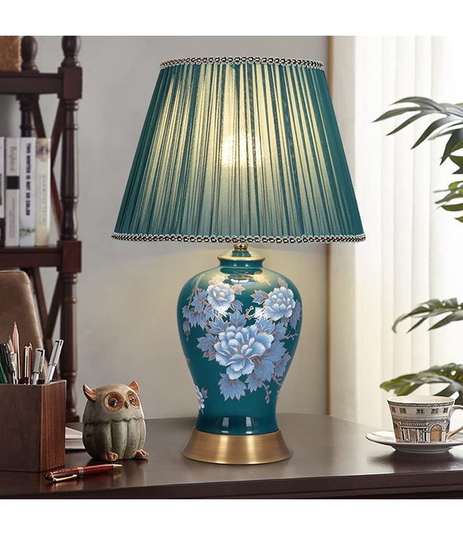 Chinese Tafellamp Handgeschilderde Pioenrozen Bronzen Voet D33xH53cm