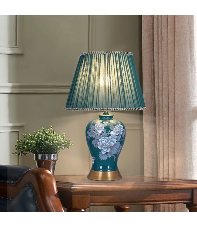 Chinese Table Lamp Handpainted Midnight Peonies Bronze Base D33xH53cm