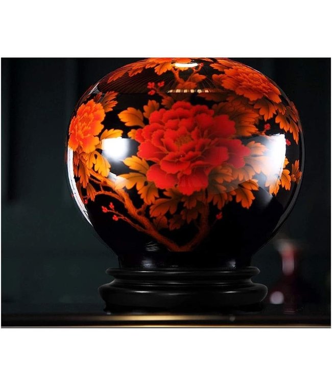 Lampe de Table en Porcelaine Chinoise Noire avec Fleurs Rouges Grand L48xP48xH80cm