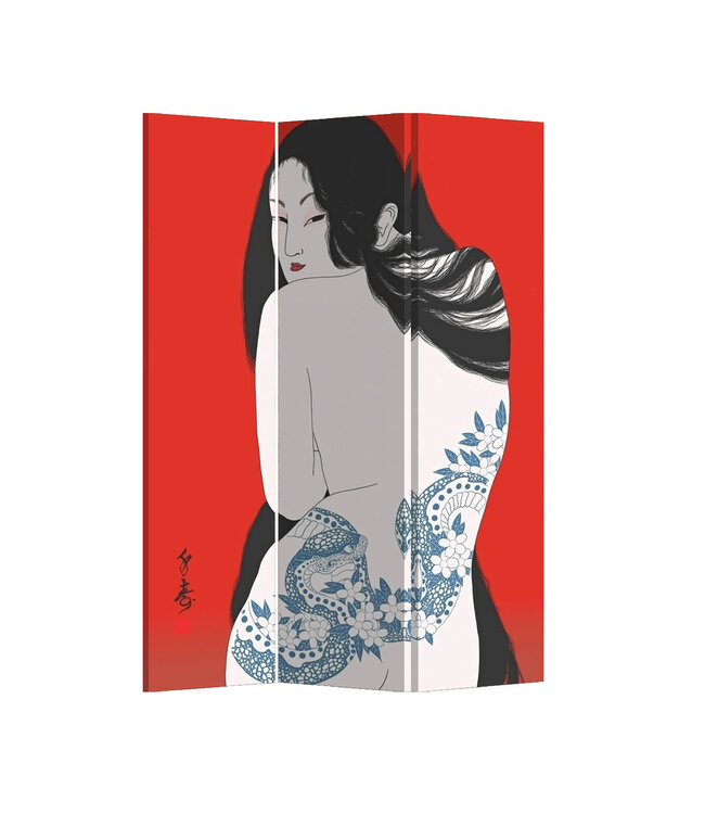 Japans Kamerscherm Scheidingswand B120xH180cm 3 Panelen Tattoo Vrouw