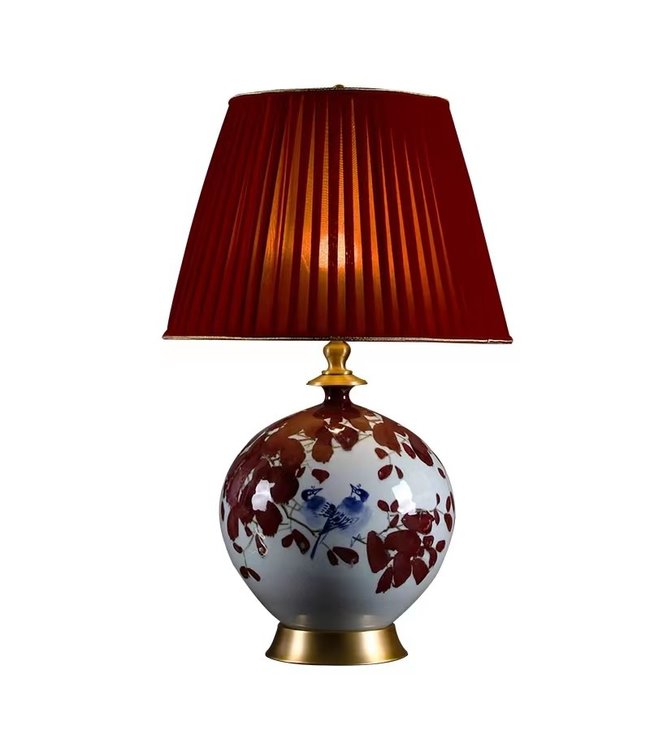 Lampe de Table Chinoise Porcelaine Fleurs Rouges avec Abat-jour D40xH61cm