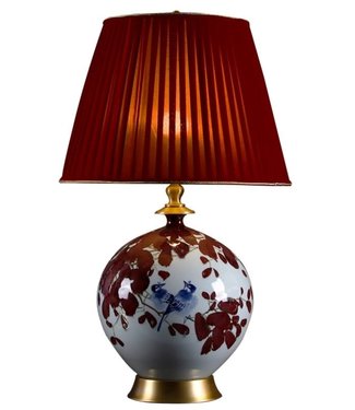 Fine Asianliving Lampada da Tavolo Cinese Fiori Rossi in Porcellana con Paralume D40xAlt61cm