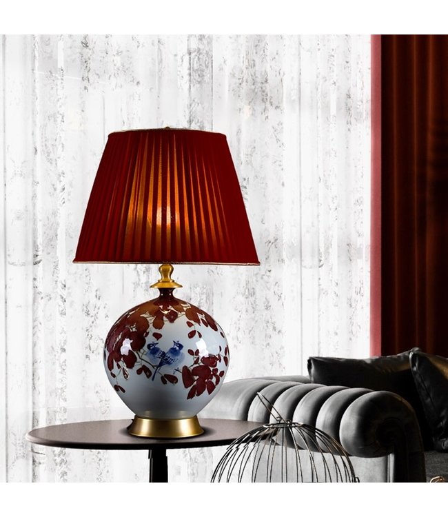 Lampe de Table Chinoise Porcelaine Fleurs Rouges avec Abat-jour D40xH61cm