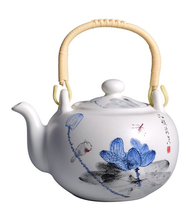 Chinesisches Teeservice Set/7 Porzellan Handbemalt Lotus Libelle Blau