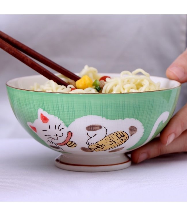 Japanese Tableware Lucky Cat Bowl Medium Green 15cm