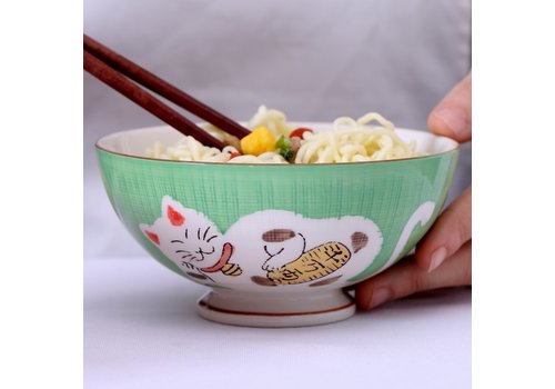 Fine Asianliving Japanese Tableware Lucky Cat Bowl Small Green 12.5 cm
