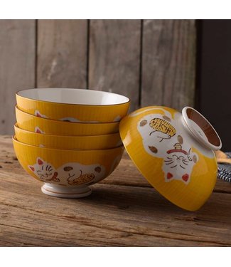Fine Asianliving Japanese Tableware Lucky Cat Rice Bowl Yellow 11cm
