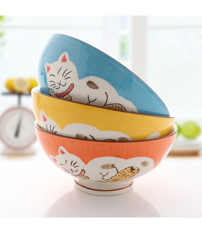 Japanese Tableware Lucky Cat Bowl Medium Yellow 15cm