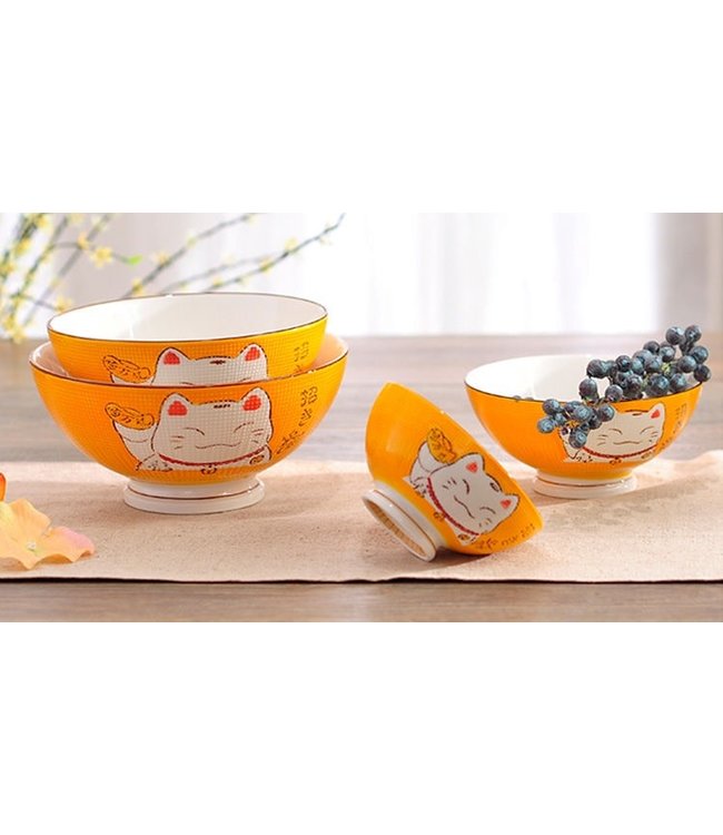 Japanese Tableware Lucky Cat Bowl Medium Yellow 15cm