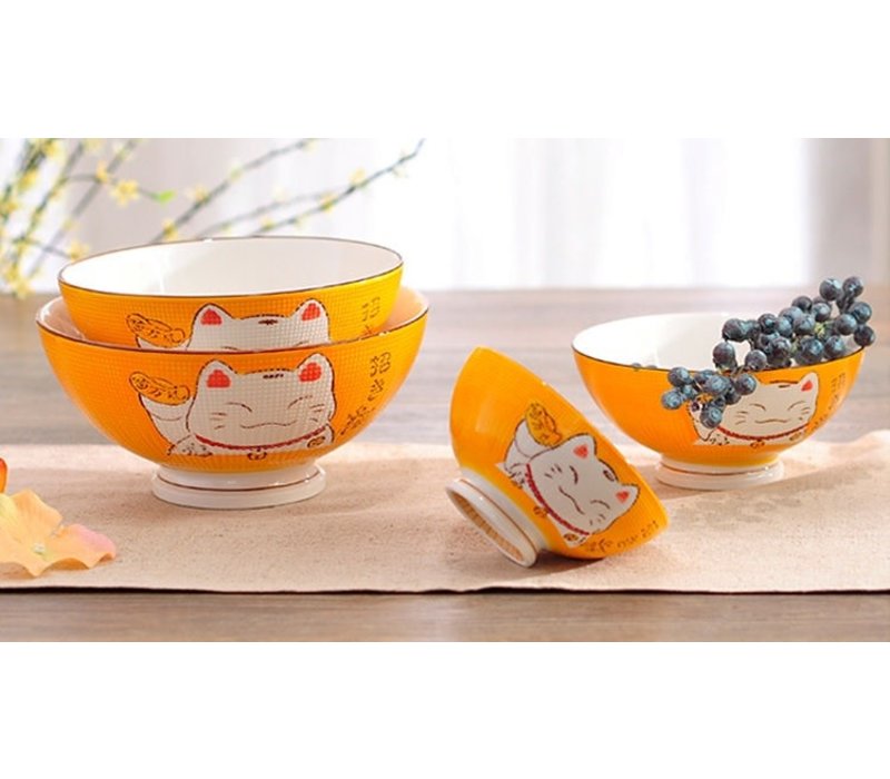 Japanese Tableware Lucky Cat Bowl Medium Yellow 15cm
