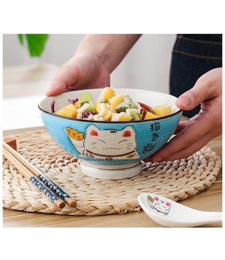 Fine Asianliving Japanese Tableware Lucky Cat Rice Bowl Blue 11cm