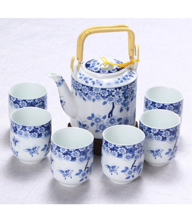 Set da Tè Cinese/7 Porcellana Dipinta a Mano Fiori Farfalle Blu Bianco