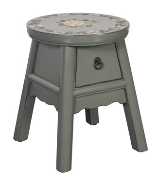 Fine Asianliving Tabouret Chinois Gris Olive Peint à la Main Tibétaine d'Inspiration P32xH41cm