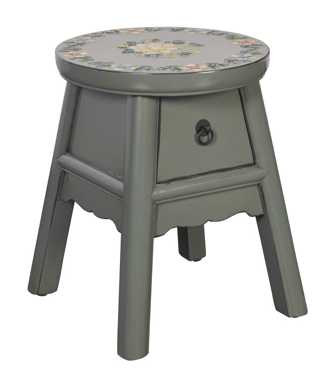 Tabouret Chinois Gris Olive Peint à la Main Tibétaine d'Inspiration P32xH41cm