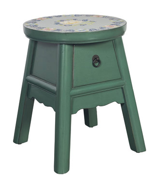 Fine Asianliving Chinese Stool Pine Green Handpainted Tibetan Inspired D32xH41cm