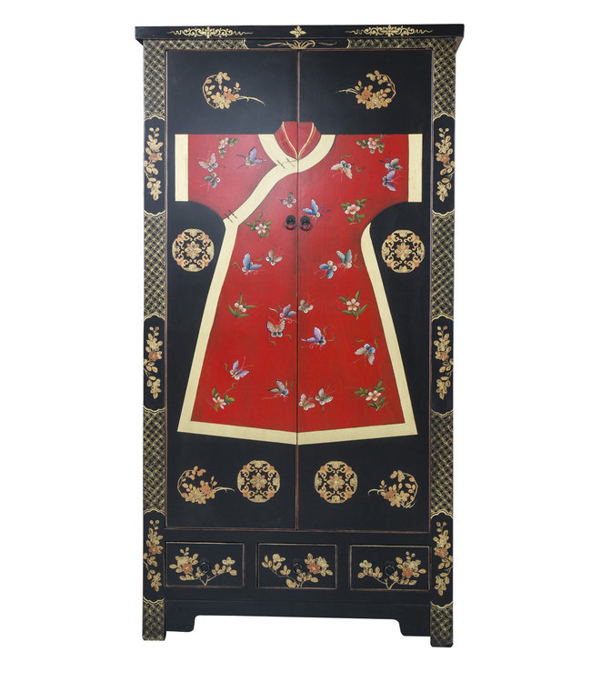 Armoire Chinoise Noire Kimono Peinte à la Main L100xP55xH190cm