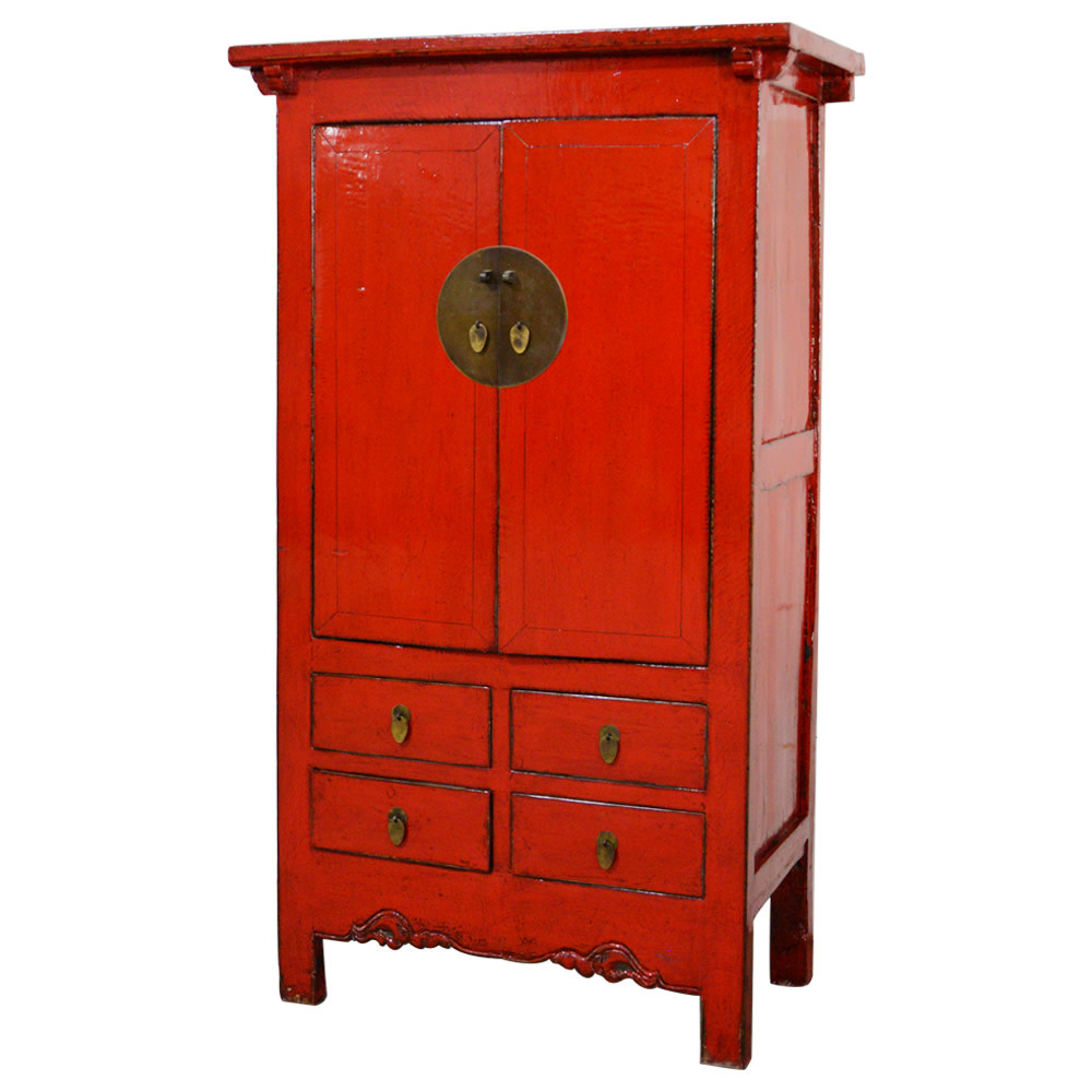 Armoire de Mariage Chinoise Ancienne Rouge Haute Brillance L107xP60xH1 Orientique Asianliving