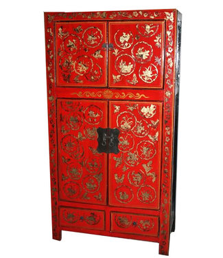 Fine Asianliving Armadio Cinese Antico Rosso Dipinto a Mano Lucido L92xD45xH173cm