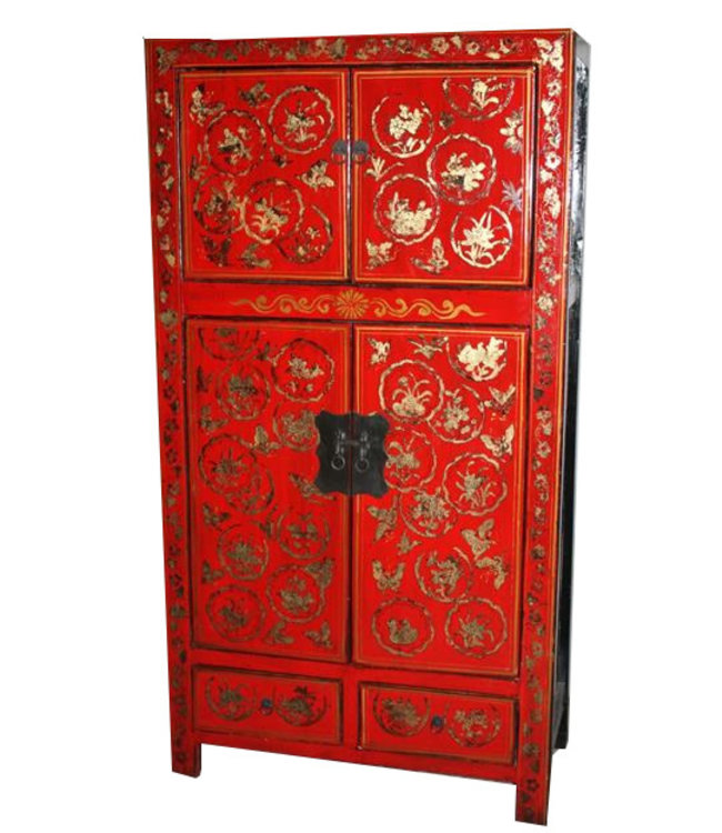 Antiker Chinesischer Hochzeitsschrank Rot Handbemalt Hochglanz B92xT45xH173cm