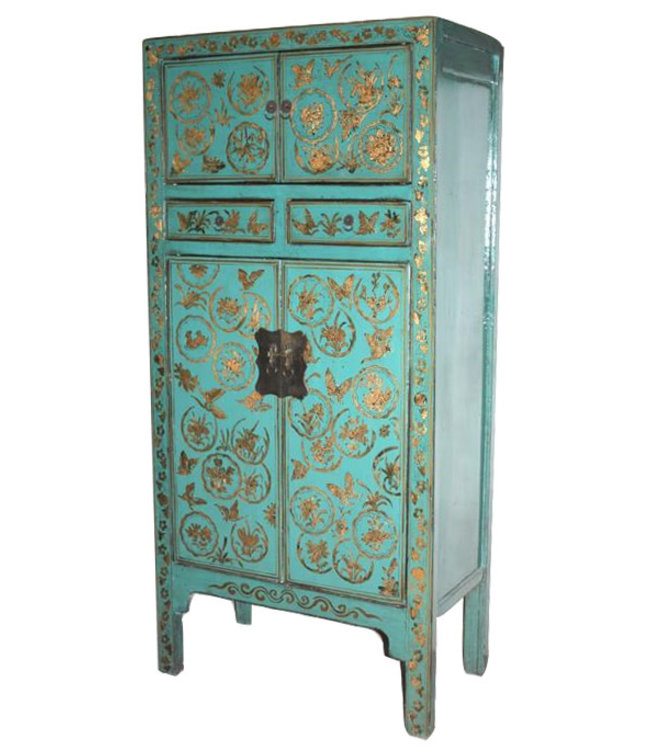 Armoire de Mariage Chinoise Ancienne Sarcelle Peinte à la Main Haute Brillance L90xP47xH186cm