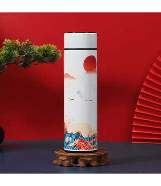 Fine Asianliving Insulated Water Bottle Stainless Steel 500ml Smart LED Temperature Touch Screen White Cranes Koi Fish