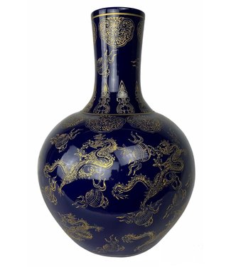 Fine Asianliving Chinese Vase Navy Blue Dragons Gold Handmade D41xH57cm