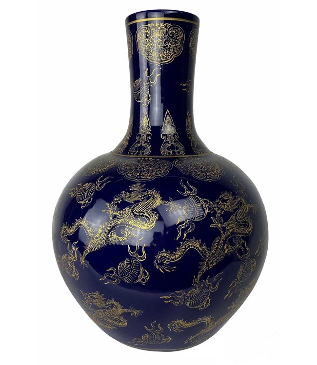 Vase Chinois Navy Bleu Marine Dragons Doré Fait Main D41xH57cm