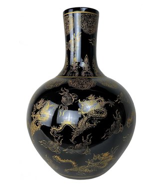 Fine Asianliving Chinesische Vase Schwarz Dragons Gold Handgefertigt D41xH57cm