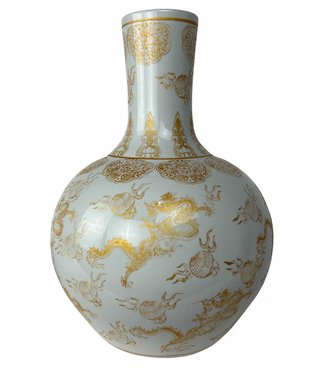 Fine Asianliving Chinesische Vase Weiß Dragons Gold Handgefertigt D41xH57cm