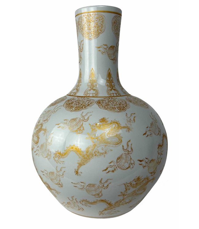 Chinesische Vase Weiß Dragons Gold Handgefertigt D41xH57cm