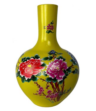 Fine Asianliving Chinesische Vase Gelb Pfingstrosen Handgefertigt D41xH57cm