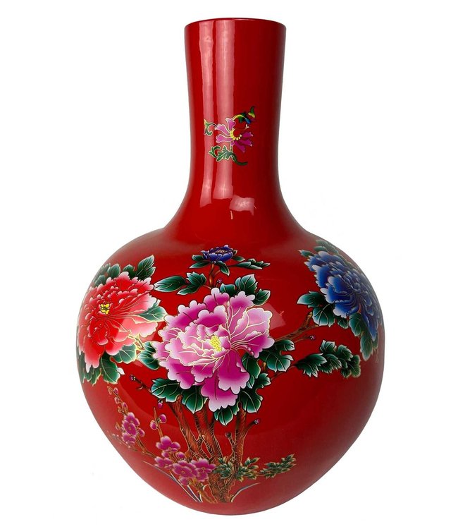 Vase Chinois Rouge Pivoines Fait Main D41xH57cm