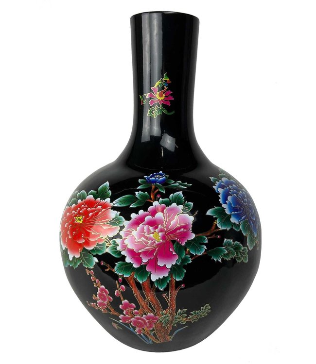 Vase Chinois Noir Pivoines Fait Main D41xH57cm