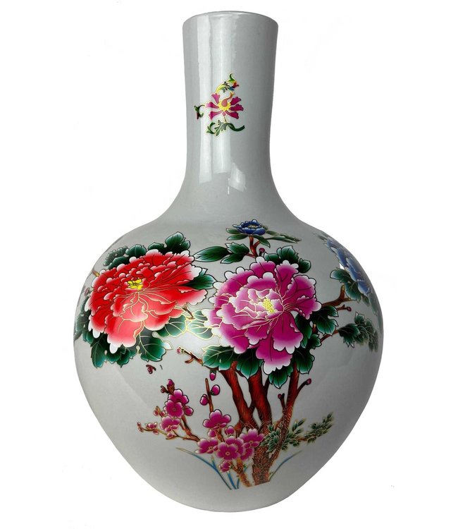 Vase Chinois Blanc Pivoines Fait Main D41xH57cm
